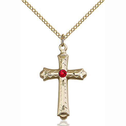 Gold Filled 1 1/8in Budded Cross Pendant with Ruby Bead & 18in Chain