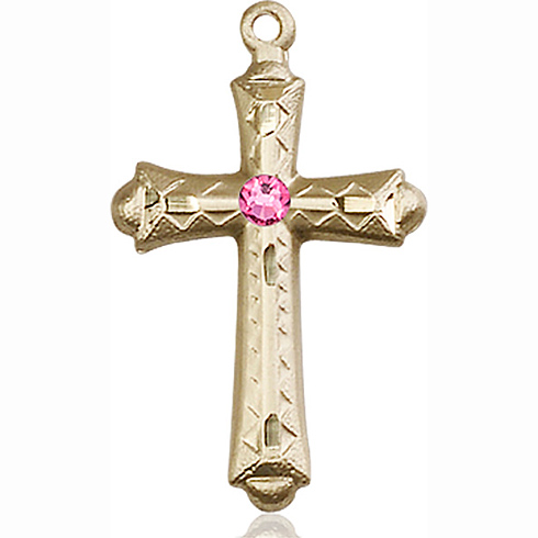 14kt Yellow Gold 1 1/8in Fancy Budded Cross with 3mm Rose Bead  