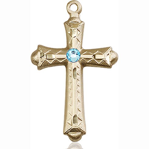 14kt Yellow Gold 1 1/8in Fancy Budded Cross with 3mm Aqua Bead  