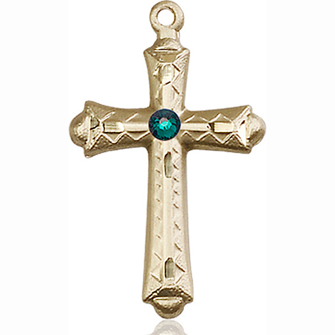 14kt Yellow Gold 1 1/8in Fancy Budded Cross with 3mm Emerald Bead  