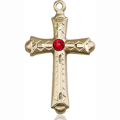 14kt Yellow Gold 1 1/8in Fancy Budded Cross with 3mm Ruby Bead  