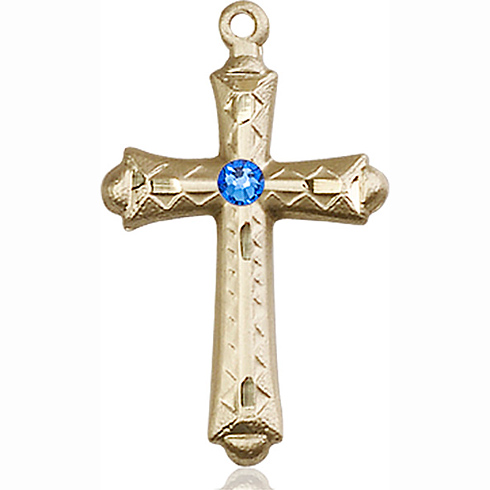 14kt Yellow Gold 1 1/8in Fancy Budded Cross with 3mm Sapphire Bead  