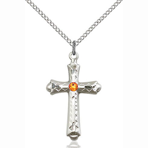 Sterling Silver 1 1/8in Budded Cross Pendant Topaz Bead & 18in Chain