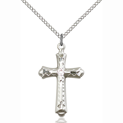 Sterling Silver 1 1/8in Budded Cross Pendant Crystal Bead & 18in Chain