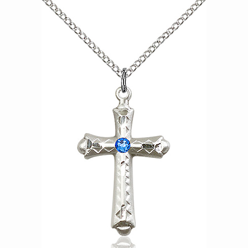 Sterling Silver 1 1/8in Budded Cross Pendant Sapphire Bead 18in Chain