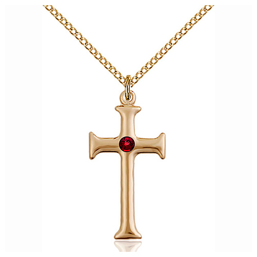 Gold Filled 1in Crusader Cross Pendant with Garnet Bead & 18in Chain