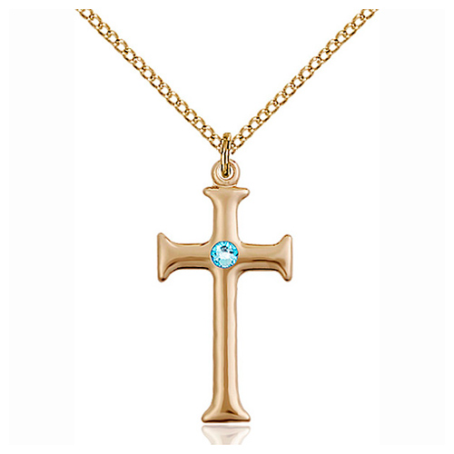 Gold Filled 1in Crusader Cross Pendant with 3mm Aqua Bead & 18in Chain