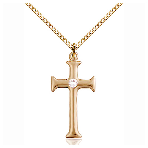 Gold Filled 1in Crusader Cross Pendant with Crystal Bead & 18in Chain