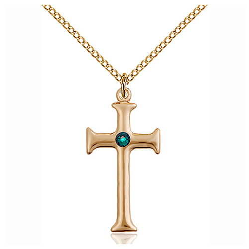 Gold Filled 1in Crusader Cross Pendant Emerald Bead & 18in Chain