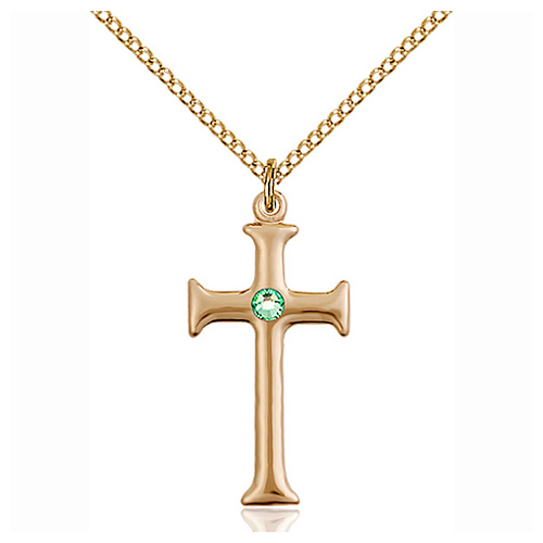 Gold Filled 1in Crusader Cross Pendant Peridot Bead & 18in Chain