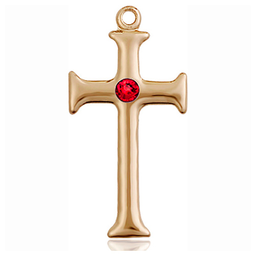 14kt Yellow Gold 1in Crusader Cross with 3mm Ruby Bead 6008KT-STN7