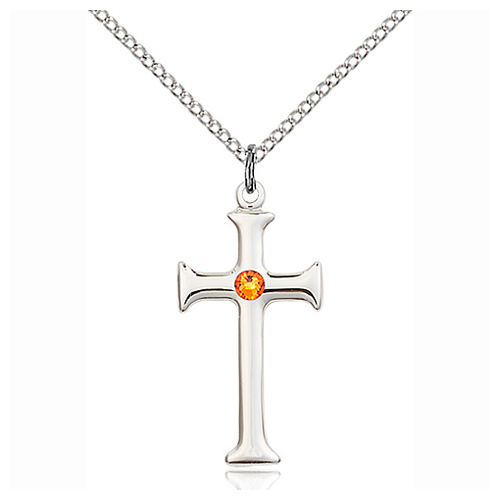 Sterling Silver 1in Crusader Cross Pendant Topaz Bead & 18in Chain