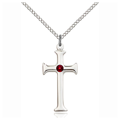 Sterling Silver 1in Crusader Cross Pendant Garnet Bead & 18in Chain