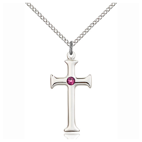 Sterling Silver 1in Crusader Cross Pendant Amethyst Bead & 18in Chain