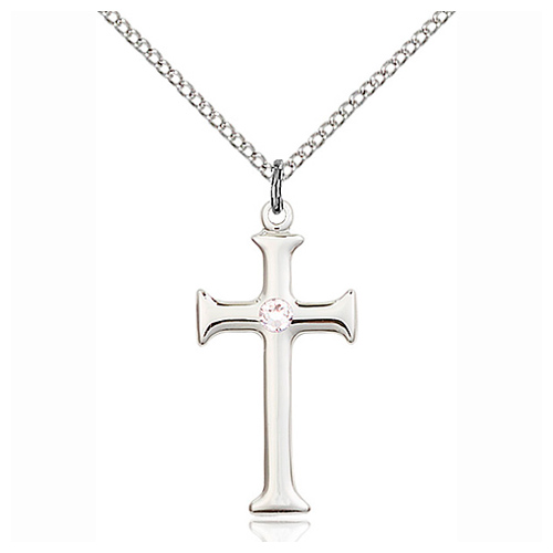 Sterling Silver 1in Crusader Cross Pendant Crystal Bead & 18in Chain