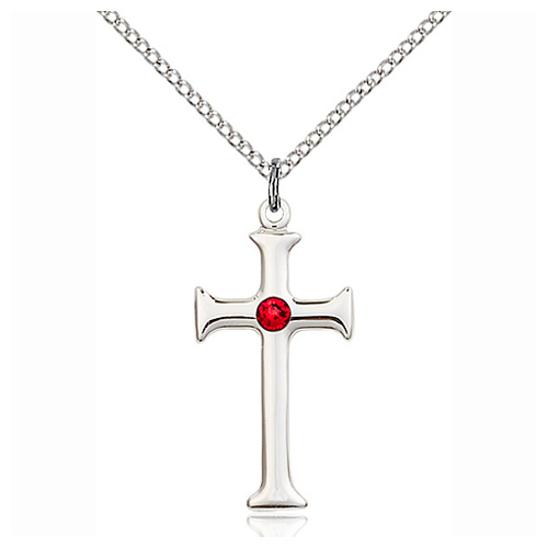Sterling Silver 1in Crusader Cross Pendant Ruby Bead & 18in Chain