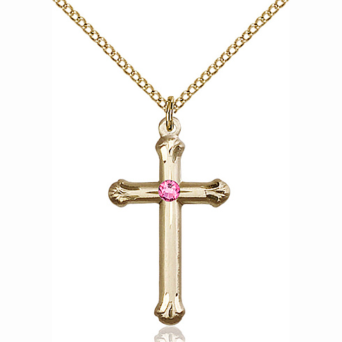 Gold Filled 1in Budded Cross Pendant with 3mm Rose Bead & 18in Chain