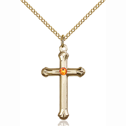 Gold Filled 1in Budded Cross Pendant with 3mm Topaz Bead & 18in Chain