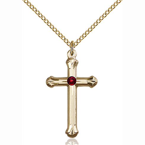 Gold Filled 1in Budded Cross Pendant with 3mm Garnet Bead & 18in Chain