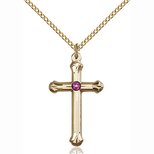 Gold Filled 1in Budded Cross Pendant Amethyst Bead & 18in Chain