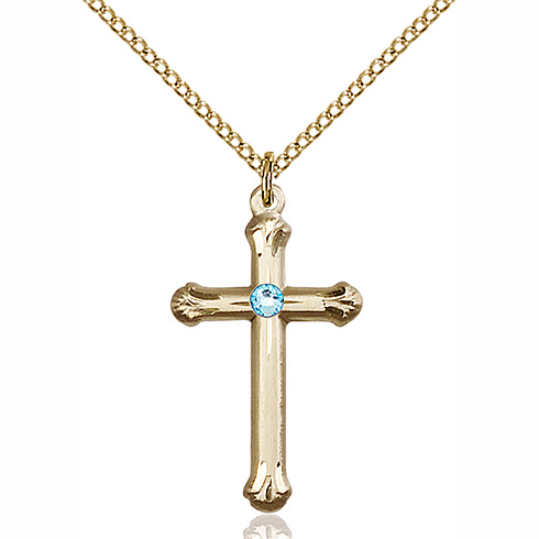 Gold Filled 1in Budded Cross Pendant with 3mm Aqua Bead & 18in Chain