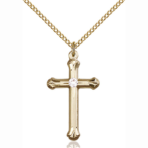 Gold Filled 1in Budded Cross Pendant with Crystal Bead & 18in Chain