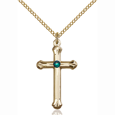 Gold Filled 1in Budded Cross Pendant with Emerald Bead & 18in Chain