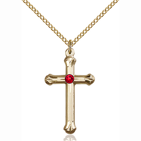 Gold Filled 1in Budded Cross Pendant with 3mm Ruby Bead & 18in Chain