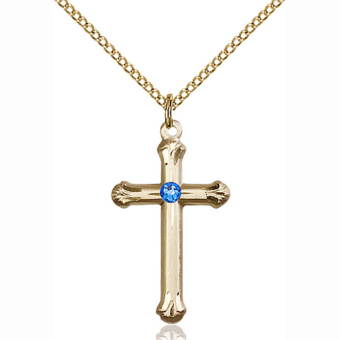 Gold Filled 1in Budded Cross Pendant with Sapphire Bead & 18in Chain