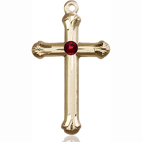 14kt Yellow Gold 1in Budded Cross with 3mm Garnet Bead  