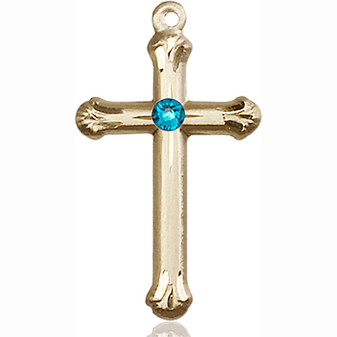 14kt Yellow Gold 1in Budded Cross with 3mm Zircon Bead  