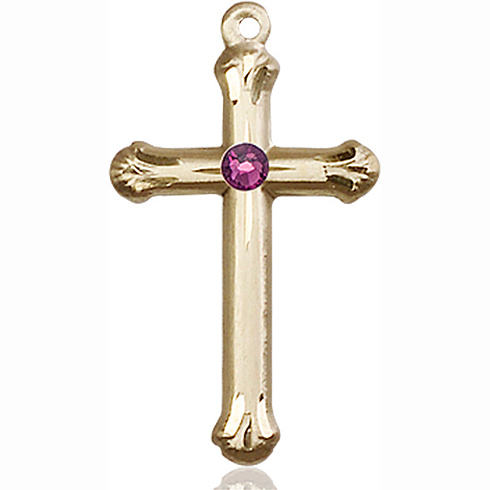 14kt Yellow Gold 1in Budded Cross with 3mm Amethyst Bead  