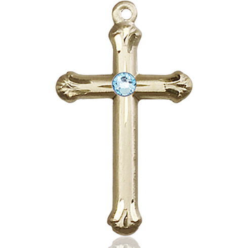 14kt Yellow Gold 1in Budded Cross with 3mm Aqua Bead  