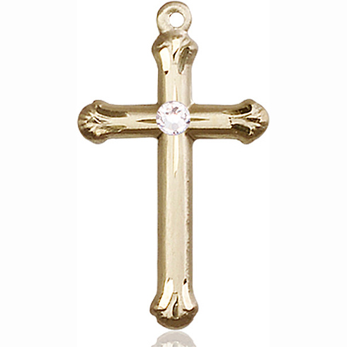 14kt Yellow Gold 1in Budded Cross with 3mm Crystal Bead  