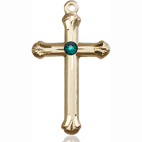 14kt Yellow Gold 1in Budded Cross with 3mm Emerald Bead  