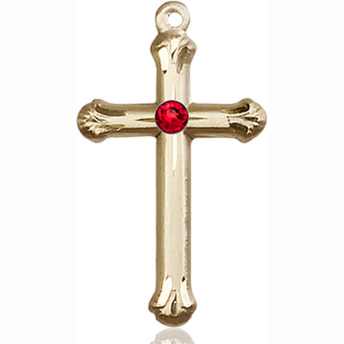14kt Yellow Gold 1in Budded Cross with 3mm Ruby Bead  