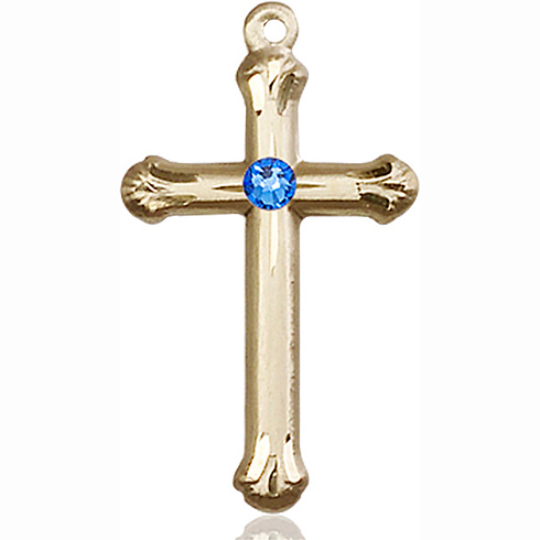 14kt Yellow Gold 1in Budded Cross with 3mm Sapphire Bead  