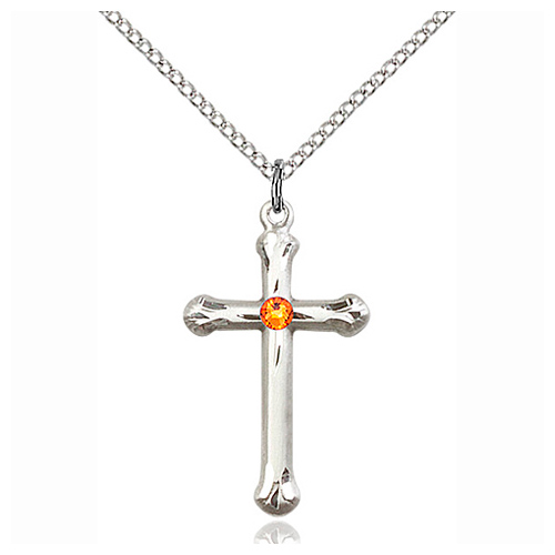Sterling Silver 1in Budded Cross Pendant with Topaz Bead & 18in Chain