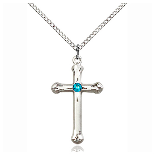 Sterling Silver 1in Budded Cross Pendant with Zircon Bead & 18in Chain