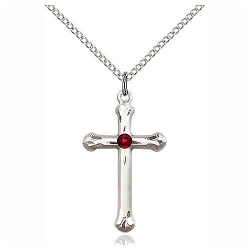 Sterling Silver 1in Budded Cross Pendant with Garnet Bead & 18in Chain