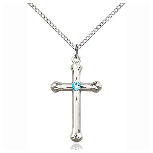 Sterling Silver 1in Budded Cross with 3mm Aqua Bead & 18in Chain