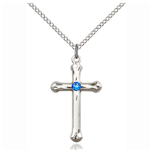 Sterling Silver 1in Budded Cross Pendant Sapphire Bead & 18in Chain