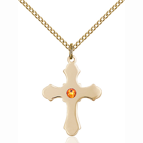 Gold Filled 7/8in Cross Pendant with 3mm Topaz Bead & 18in Chain