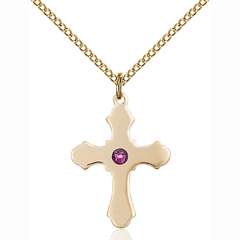 Gold Filled 7/8in Cross Pendant with 3mm Amethyst Bead & 18in Chain