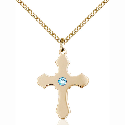 Gold Filled 7/8in Cross Pendant with 3mm Aqua Bead & 18in Chain