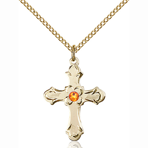 Gold Filled 7/8in Floral Cross Pendant with Topaz Bead & 18in Chain