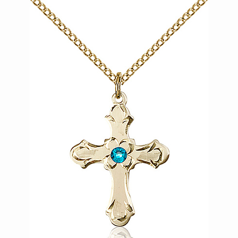 Gold Filled 7/8in Floral Cross Pendant with Zircon Bead & 18in Chain