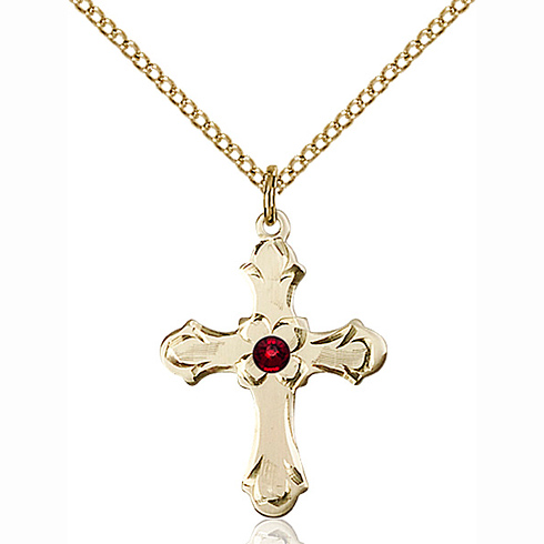Gold Filled 7/8in Floral Cross Pendant with Garnet Bead & 18in Chain