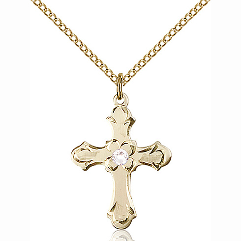 Gold Filled 7/8in Floral Cross Pendant with Crystal Bead & 18in Chain