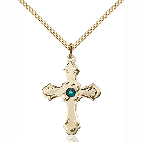 Gold Filled 7/8in Floral Cross Emerald Bead Pendant & 18in Chain